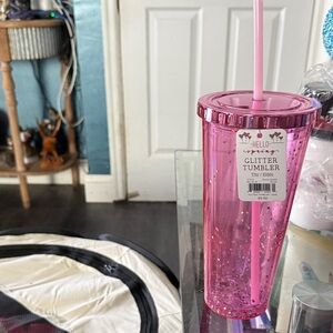 Hello Spring Pink Glitter Tumbler with Straw